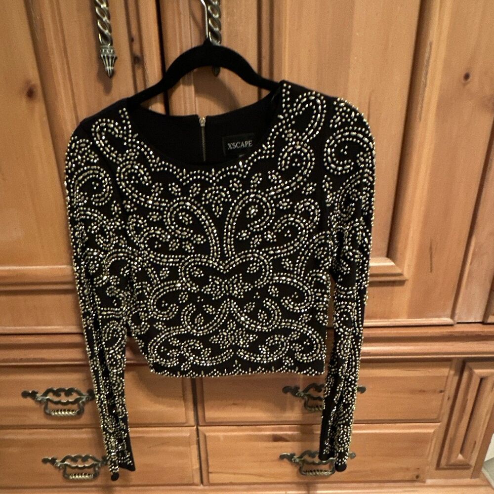 Xscape Heavily Beaded Formal Dress Top Black With Gold Beading Size 4